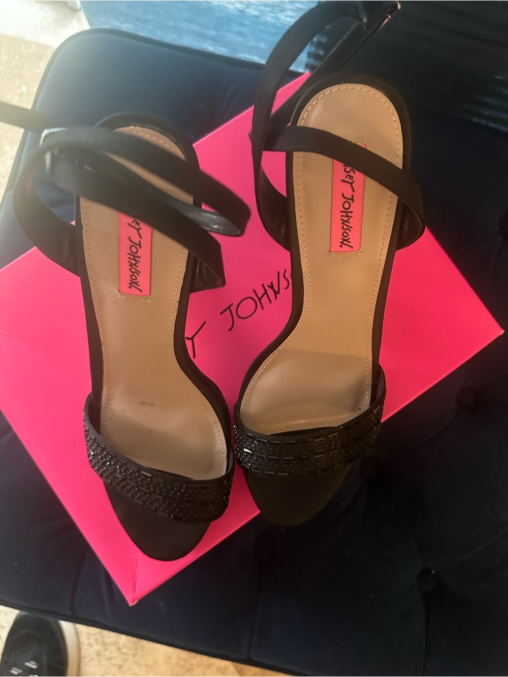 Betsey Johnson Black Beaded Strap Block Heel Sandals